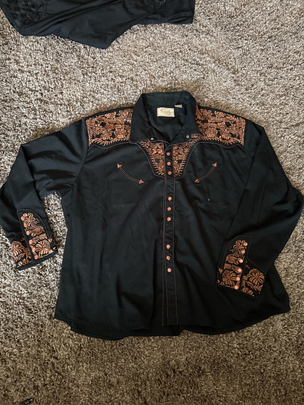 Scully Black Shirt with Brown Embroidered Yoke